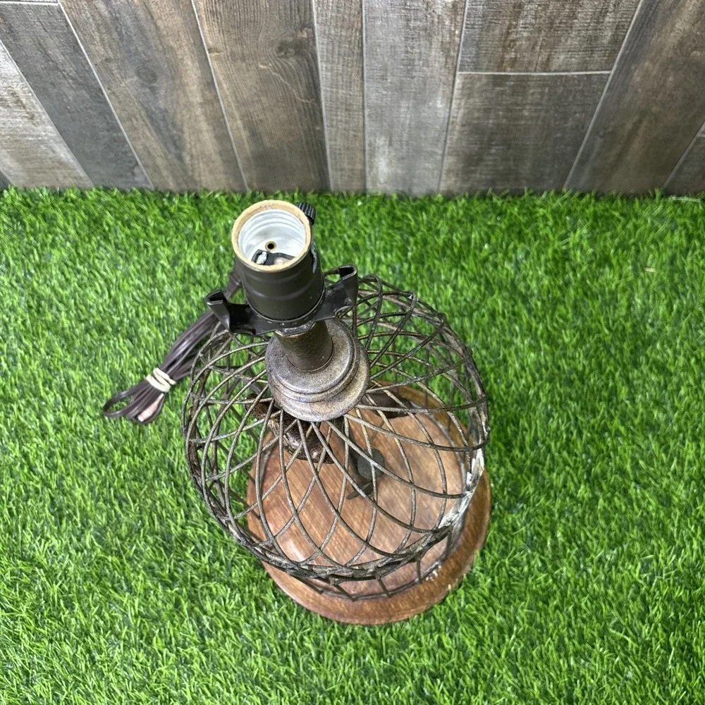 Vintage Birdcage Table Lamp Rustic Metal Wood Birds Farmhouse Decor
